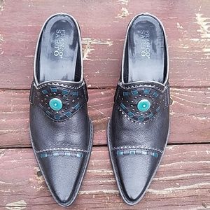 Franco Sarto Leather Mules Western Style W/ Turquoise Medallion & Studs - 7.5M